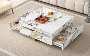 English Elm Modern Square Marble-Textured Coffee Table 43.3" White — Floating Pedestal Design, 4 Hidden Drawers, Durable Chic Storage CH350384AAK