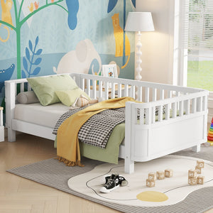 English Elm Twin Solid Pine Platform Bed with Guardrail for Kids — Low Profile White Twin Bed, Durable 250lb Capacity W2593P296772