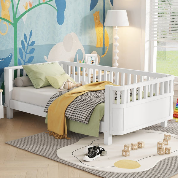 English Elm Twin Solid Pine Platform Bed with Guardrail for Kids — Low Profile White Twin Bed, Durable 250lb Capacity W2593P296772