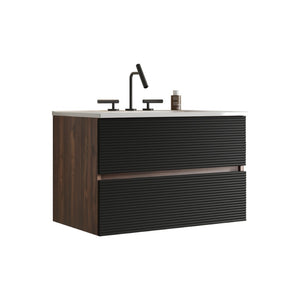 English Elm Gloria Floating Bathroom Vanity Walnut Two-tone Ceramic Sink Modern Storage Cabinet W1865S00199