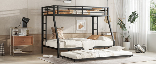 English Elm Twin Metal Bunk Bed With Full Bed & Trundle - Modern Space-Saving Design For Shared Rooms, Black W1580S00130-GIGA