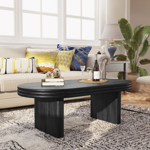 English Elm Mid Century Modern Oval Fluted Coffee Table with Wood Veneer for Living Room Black W757P370255