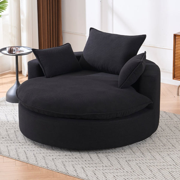 English Elm 360 Swivel Corduroy Barrel Lounge Chair with Pillows for Living Room or Bedroom Black W1752P410945
