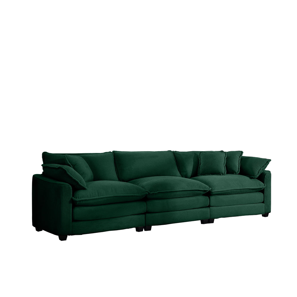 English Elm Mid-Century Modern Sectional Sofa - Plush Green Corduroy 3-Seater With Pillows For Ultimate Comfort W714S00815
