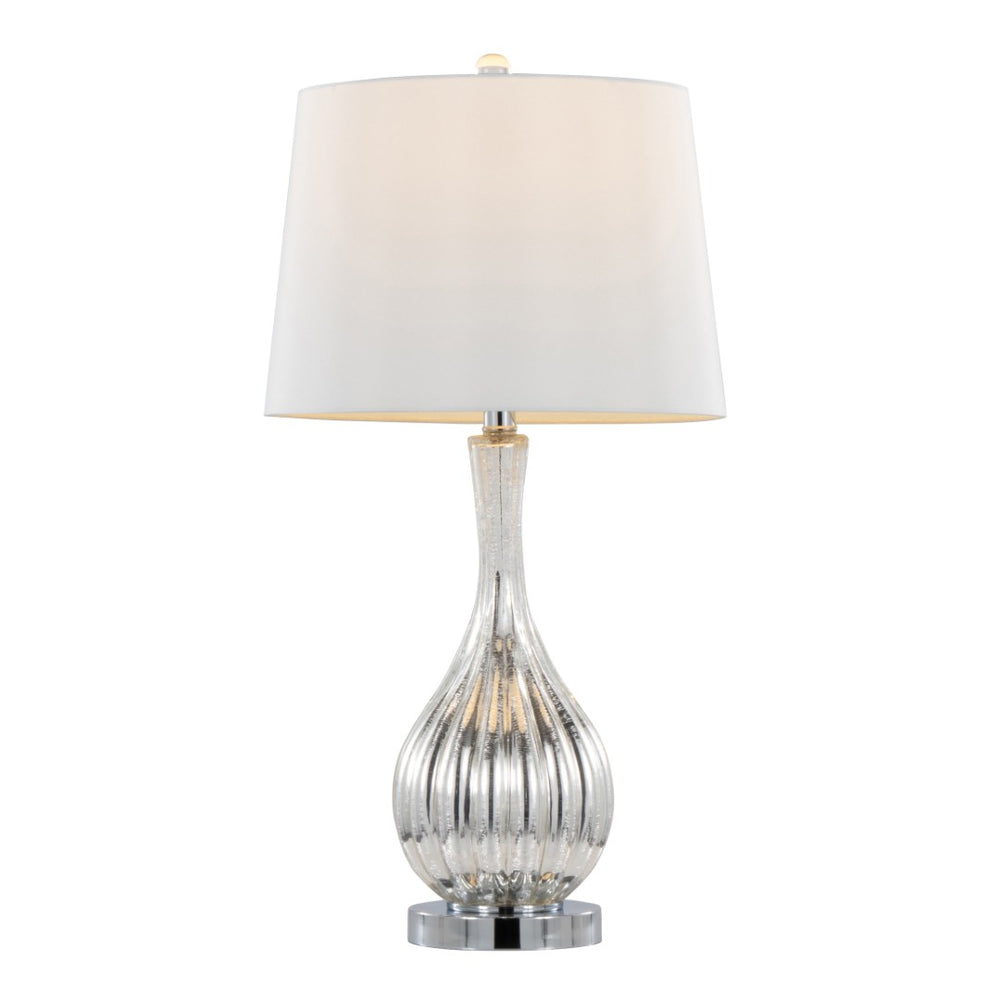 English Elm Glass Crackle Silver Table Lamp Set with Chrome Hardware and White Linen Shade Pair B202P471588