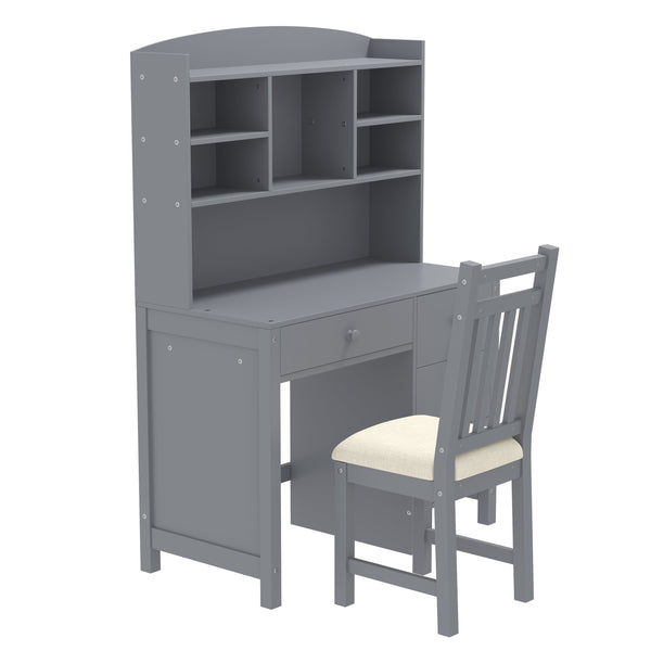 English Elm Vintage 40'' Home Executive Desk Set with Upholstered Chair and Built-In Bookshelf for Stylish Productivity Gray 44 L x 23 W x 13.5 H N733P272894E