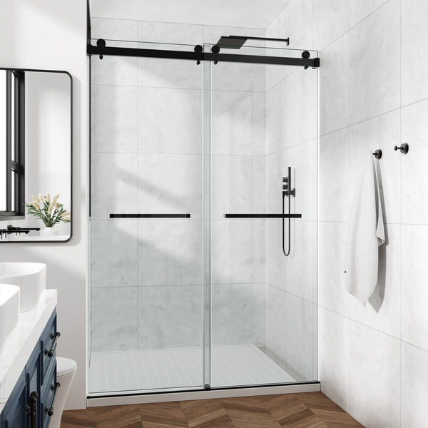 English Elm 60*72" Frameless Double Sliding Shower Door with 10mm SGCC Tempered Glass, Leak‑Free 304 Stainless Hardware Black T3177P320586