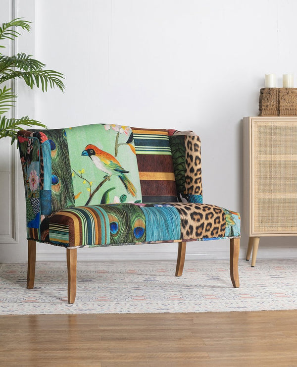 English Elm 44x25x38" Vesta Bird Collage Print Settee — Vibrant Upholstery, Exotic Fabric Mix, Statement Piece for Entryway or Bedroom W2078P370689