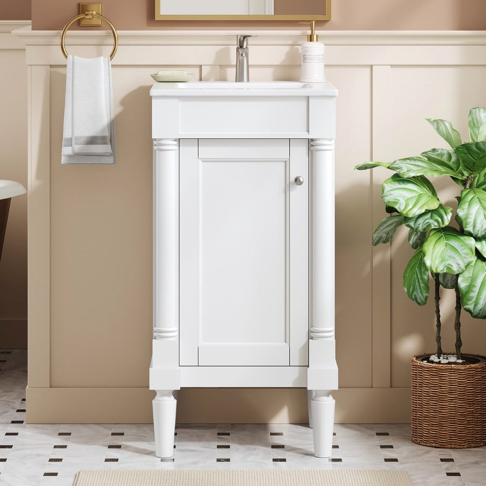 English Elm 18" French Style Vanity with Ceramic Sink Soft Close Door and Adjustable Shelf White N710P415332K