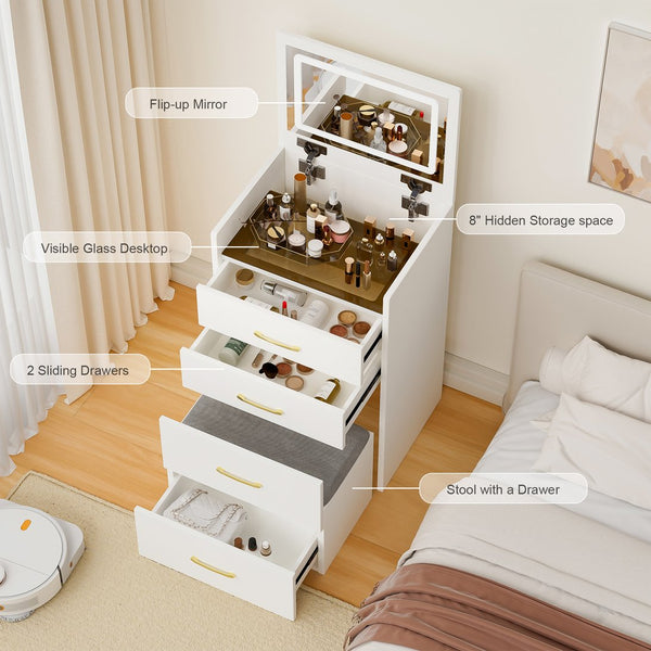English Elm 3 3 in 1 Vanity Desk with Glass Top, Flip-Top Jewelry Organizer, Hidden Storage & Plush Bench W509P238992