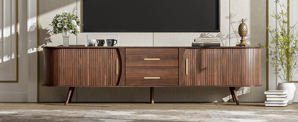 English Elm Mid-Century Solid Wood TV Stand for 80" TVs – Waterproof Finish, Sliding Doors & 2 Drawers Storage N710P257611P