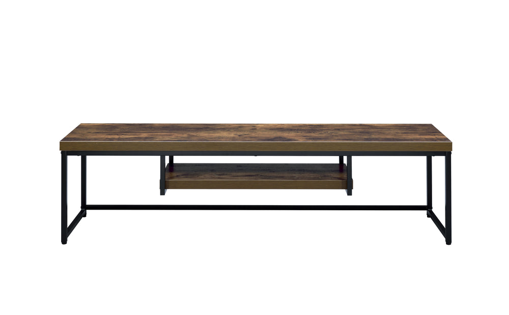 English Elm Bob Weathered Oak TV Stand for 60" TVs - Sleek Synthetic Wood Top, Open Media Shelf, Black Metal Base, Cable Management B2726P269310