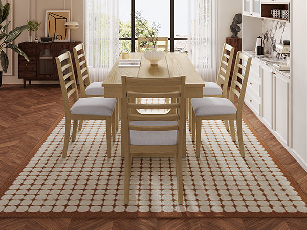 English Elm 7 Extendable Dining Table Set with 18" Leaf and 6 Upholstered Chairs — Rustic Farmhouse 60–78" Wood Veneer Table Natural N752S000090N