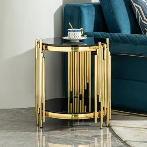 English Elm Luxury Two Tier Round Side Table Black Tempered Glass Gold Steel Wave Frame Glam W2723P252342