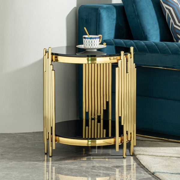 English Elm Luxury Two Tier Round Side Table Black Tempered Glass Gold Steel Wave Frame Glam W2723P252342