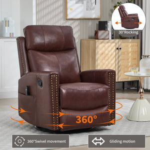 English Elm Wine Red Genuine Leather Swivel Rocker Recliner with Massage Heat for Living Room W1803P323712