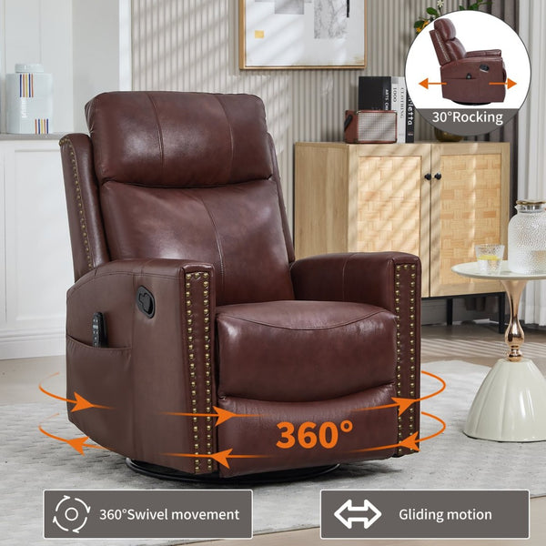 English Elm Wine Red Genuine Leather Swivel Rocker Recliner with Massage Heat for Living Room W1803P323712