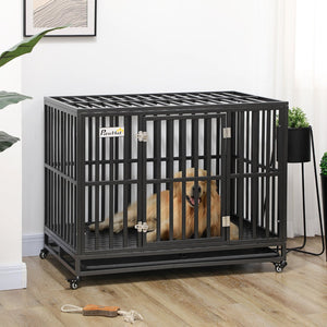 English Elm Pawhut Steel Dog Kennel with Lockable Casters Slide Trays and Anti-pinch Floor Grid W2225P217155