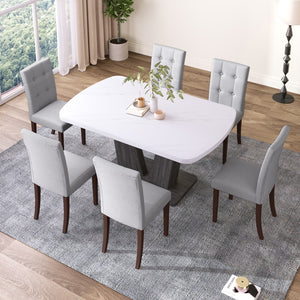 English Elm Dining Table Set For 6, 7 Piece Kitchen Table Chairs Set, 1.8" Thickness Tabletop and V-Shaped Table Legs, Modern Dining Room Set With 63 Inch Dinner Table and 6 Upholstered Chairs For Dining Room