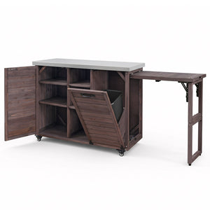 English Elm K&k Outdoor Rolling Kitchen Island Fir Wood Stainless Steel Top with Foldable Prep Station Dark Brown N707P370276Z