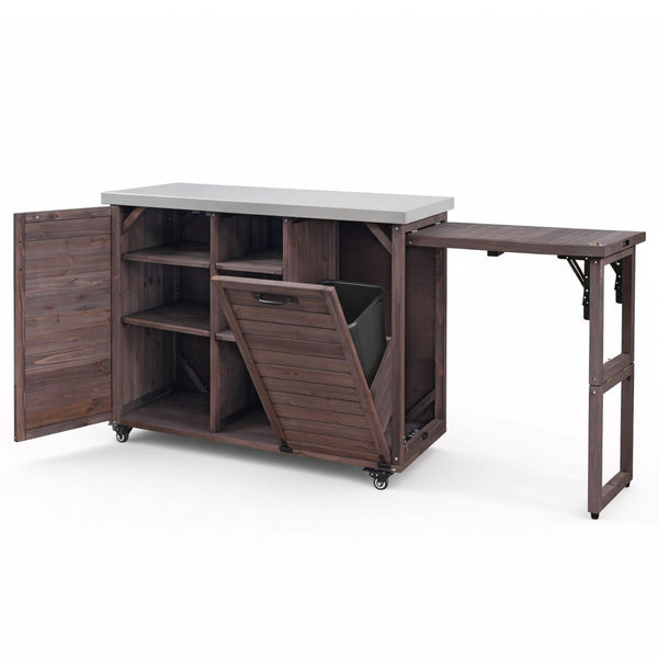 English Elm K&k Outdoor Rolling Kitchen Island Fir Wood Stainless Steel Top with Foldable Prep Station Dark Brown N707P370276Z