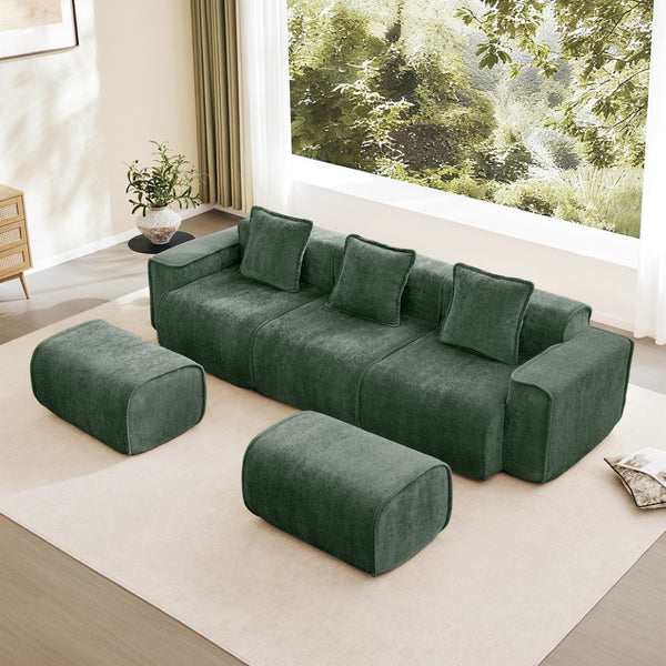 English Elm Streamlined Velvet U-shape Modular Sectional Sofa with Ottomans French Piping Cloud Foam Green W3041S00367