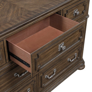 English Elm Traditional Oak Veneer Dresser with Arched Mirror Seven Drawer Bedroom Set B011S02506