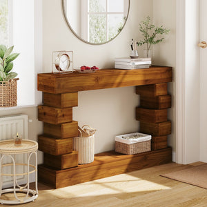 English Elm Geometric Block Stacked Wood Console Table — Modern Artful Entryway Accent with Warm Natural Finish, 50.2" L W3123P369192