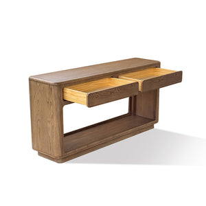 JLA Home Chapel Hill - Console Chapel Hill Emil Driftwood Oak Console Table with 2 Drawers, Open Shelf, Sealed Top, Modern Appeal CH125-0082