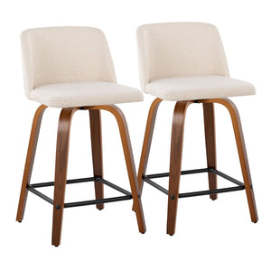 English Elm Toriano 24" Mid-Century Modern Swivel Counter Stool Set In Walnut Wood & Cream Fabric - Stylish Comfort B202S00121-GIGA