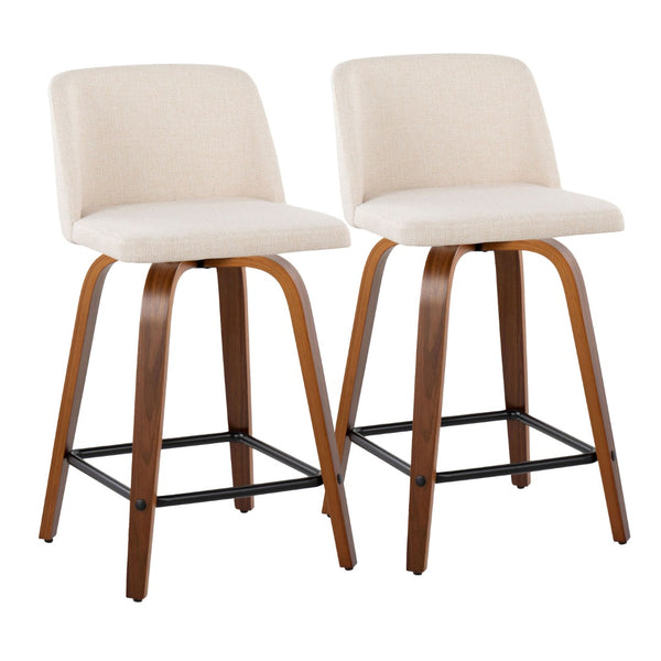 English Elm Toriano 24" Mid-Century Modern Swivel Counter Stool Set In Walnut Wood & Cream Fabric - Stylish Comfort B202S00121-GIGA