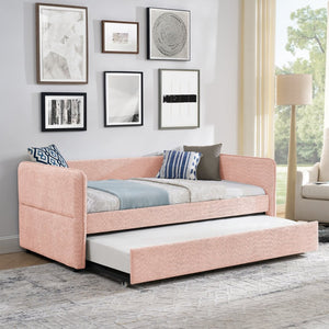 English Elm Daybed Boucle Upholstered Tufted Twin Trundle Sofa for Guest Bedroom Studio Lounge Pink W1413S00172