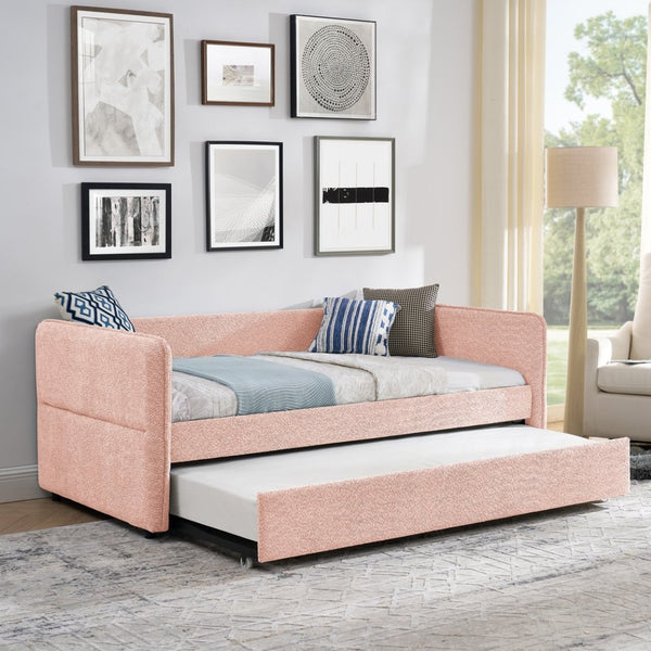 English Elm Daybed Boucle Upholstered Tufted Twin Trundle Sofa for Guest Bedroom Studio Lounge Pink W1413S00172