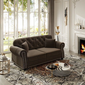 English Elm 63"upholstered Velvet Loveseat with Tufted Back Nailhead Arms Chesterfield Living Room Brown W1885S00380