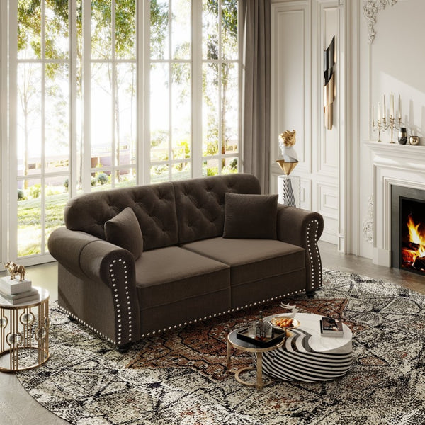 English Elm 63"upholstered Velvet Loveseat with Tufted Back Nailhead Arms Chesterfield Living Room Brown W1885S00380