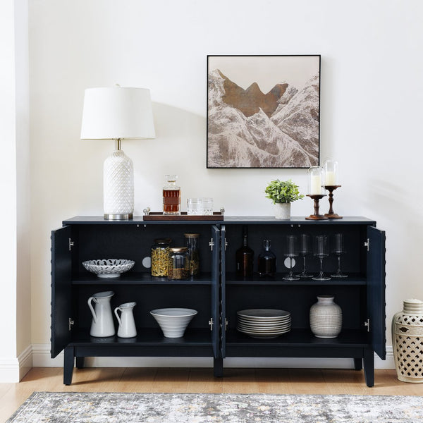 English Elm 60.5'' Buffet Cabinet with Fluted Geometric Doors, Mid-Century Sideboard with Adjustable Shelves & Outlet Holes Bear,Blue W1801P288507
