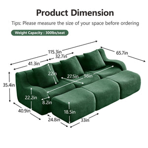 English Elm Three-Seat Modular Sofa with Plush Teddy Fabric, No Assembly, Ergonomic Curved Armrests & Non-Slip Base Green W714S01443