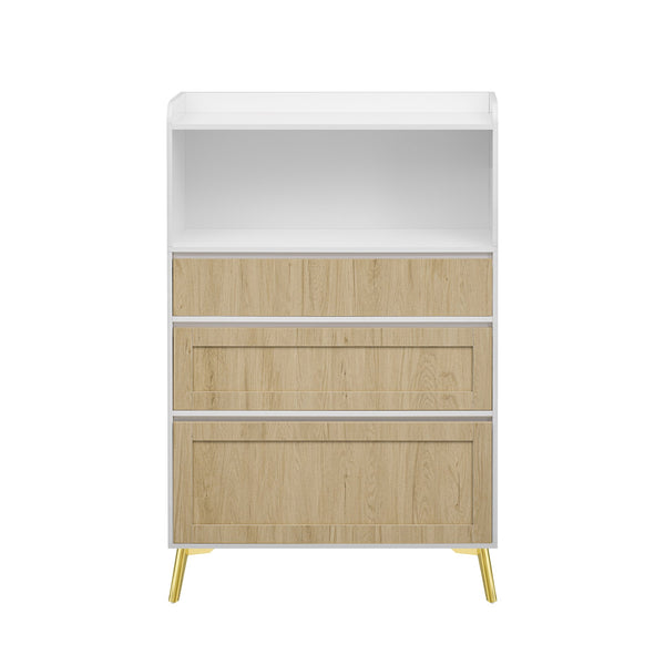 English Elm Modern 3-Drawer Storage Cabinet 150cm Tall Antique Brown & White Wood, Slim 35cm Depth, Elegant Gold Accents and Multi-Use Organization W2761P248533
