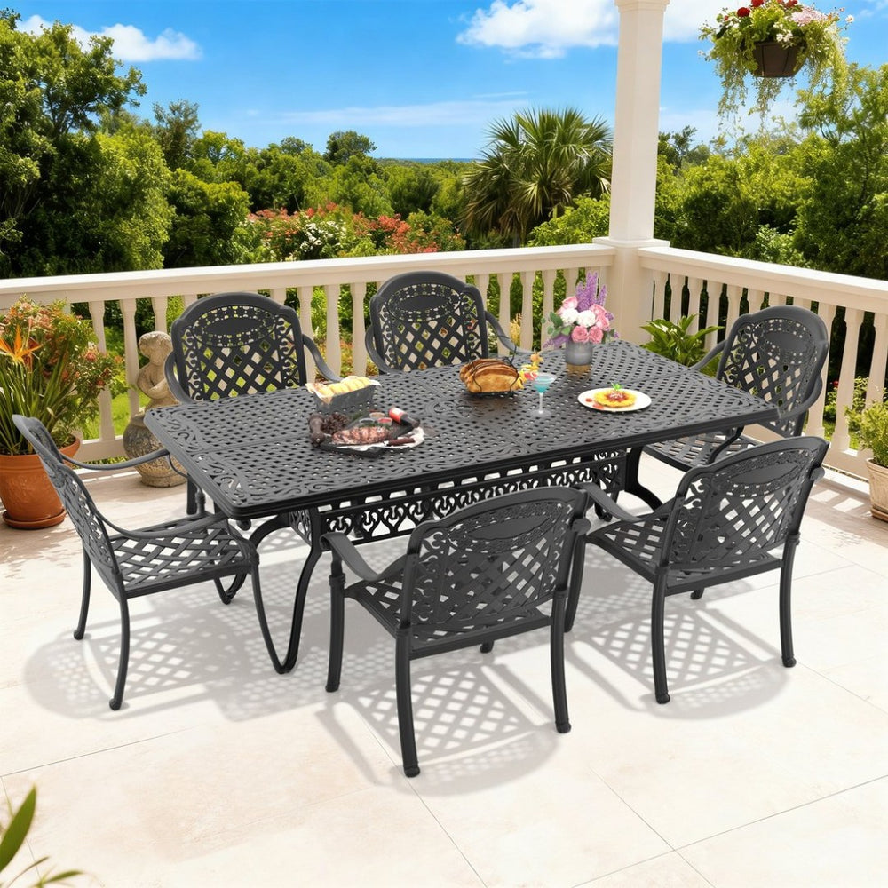 English Elm 7-piece Cast Aluminum Outdoor Dining Set with Carved Petal Motifs and Weather Resistant Frame W1710S00606