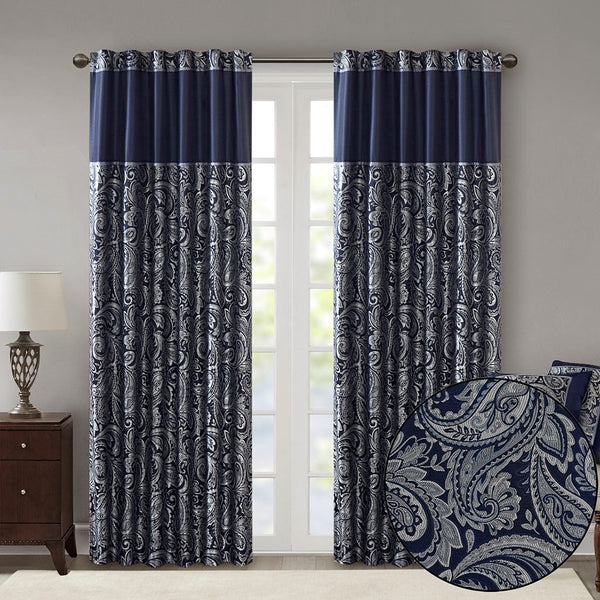 English Elm Jacquard Aubrey Window Curtain Pair with Paisley Weave, Faux Silk Piping, OEKO-TEX Certified Elegance Navy 3.05 L x 10.24 W x 10.24 H B03598175