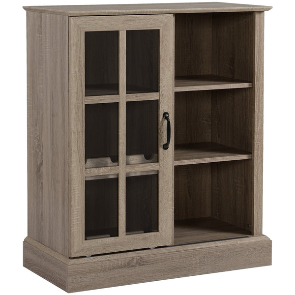 English Elm HOMCOM Rustic Wine Bar Cabinet with 6-Bottle Rack, Stemware Slots, Sliding Glass Door & Shelves W2225P217404