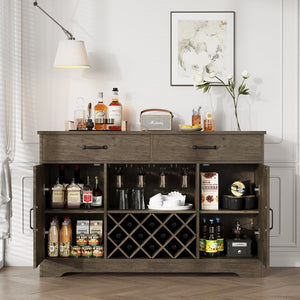 English Elm Coffee Bar Buffet Sideboard with Wine Rack Stemware Holder and Drawers in Oak Gray T3773P417369