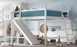 English Elm Queen Solid Pine Loft Bed with Wardrobe Shelves Detachable Slide and Dual Sleeping Zones Blue,Off White W5305S00029