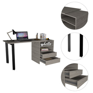 English Elm Pragma Light Grey 120 Writing Desk with Metal Legs, 2 Drawers & 2 Shelves — 47.2" W Spacious Workstation B128S00169