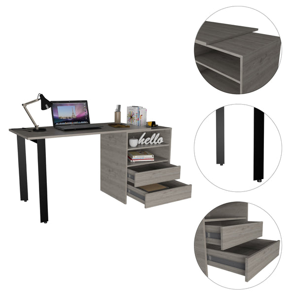 English Elm Pragma Light Grey 120 Writing Desk with Metal Legs, 2 Drawers & 2 Shelves — 47.2" W Spacious Workstation B128S00169