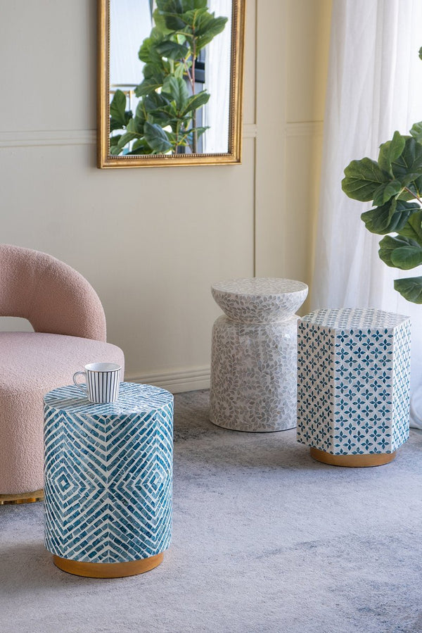 English Elm 14x14x18" Capiz Stool with Ogee Pattern and Brass Base — Modern Geometric Accent Seat for Living Spaces Blue,Gold,White W2078P326559