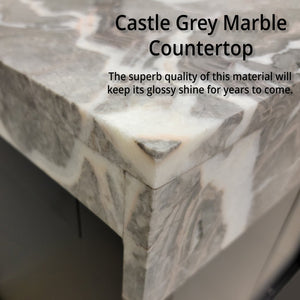 English Elm Black Double Bath Vanity 72" W With Castle Grey Marble Top & Matte Black Faucet – Elegant Storage Solution B2731P261115