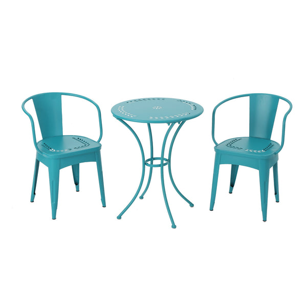 English Elm Christopher Knight Home® - LOURDES 3 PC KD METAL SET Bistro Patio 3-Piece Cast Iron Table & 2 Stackable Cafe Chairs, Weatherproof Elegance Teal 56559.00MCT
