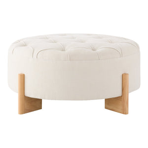 English Elm 32" Round Chenille Ottoman Tufted Footrest with Rubberwood Legs for Living Room Beige N723P405298A