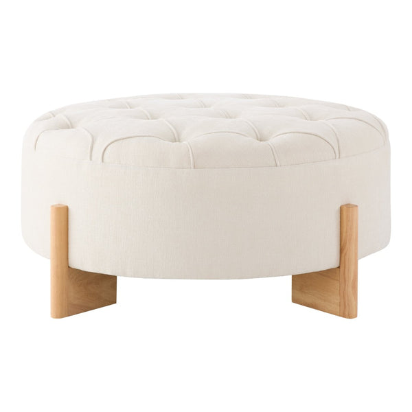 English Elm 32" Round Chenille Ottoman Tufted Footrest with Rubberwood Legs for Living Room Beige N723P405298A